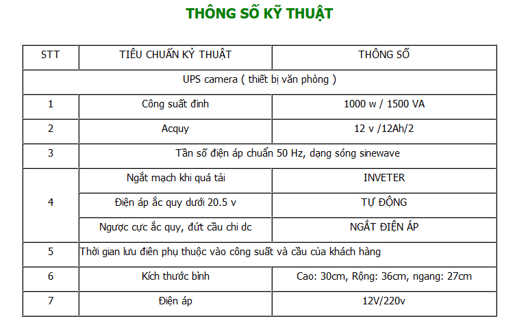 Thông số kỹ thuật lưu điện cameara 2kva